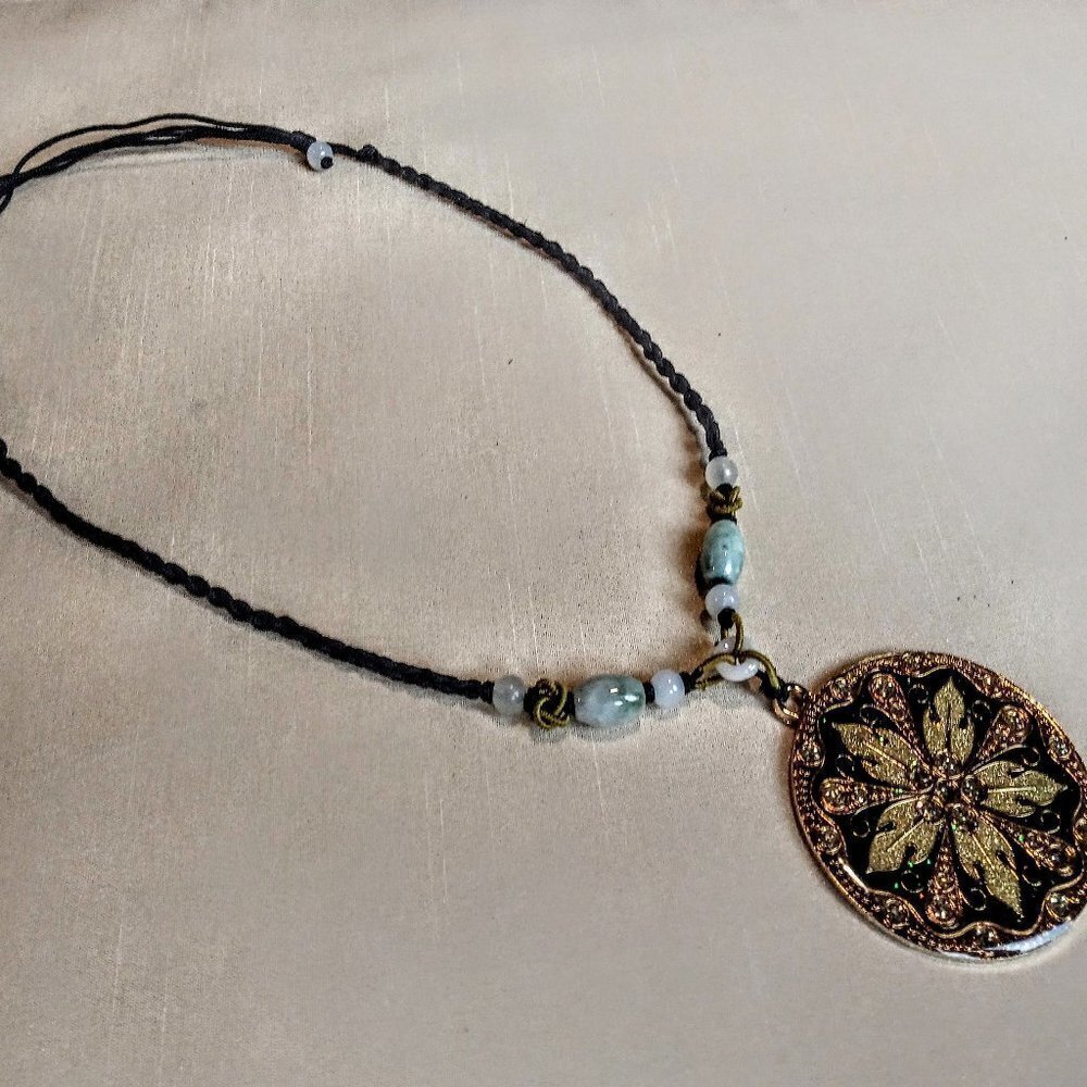 Chinese Glass Starburst Pendant Green Jade Beads Braided Silk Cord